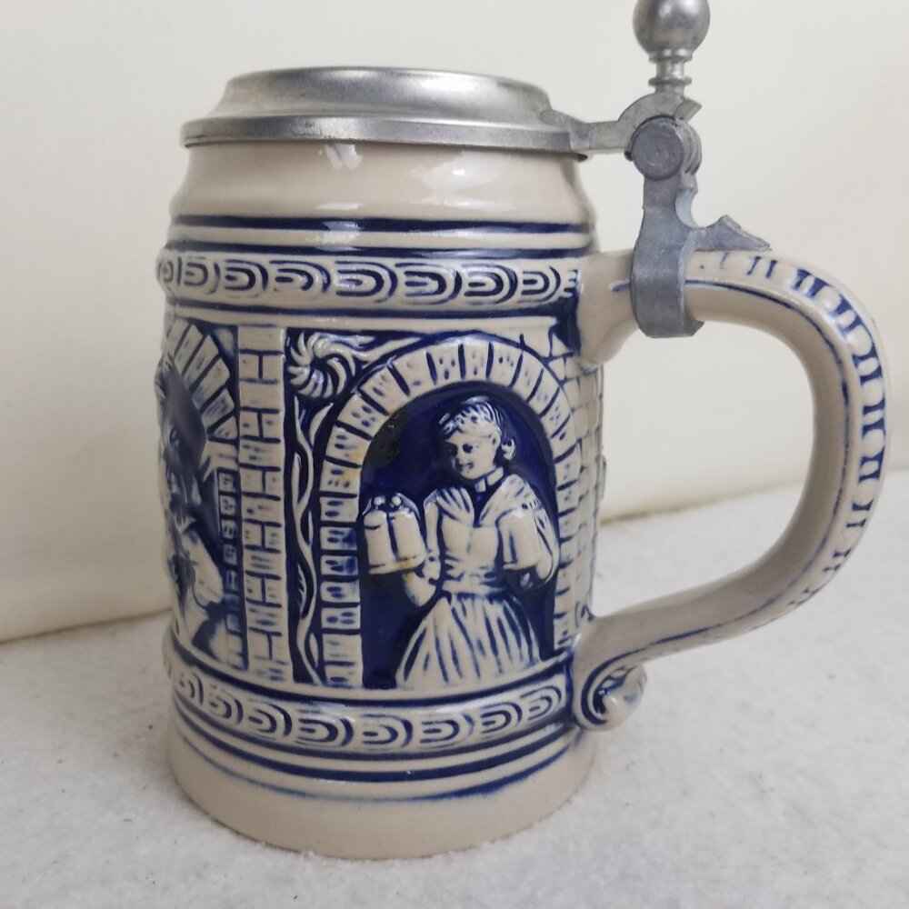Beer Stein Pewter Lid‎ Vtg Gerz West Germany Blue And Beige tavern scene